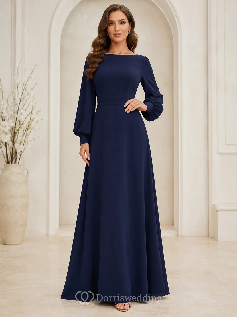 Dunkelblaues, formelles Chiffon-Abendkleid mit U-Boot-Ausschnitt, Glockenärmeln und A-Linien-Form für Empfänge