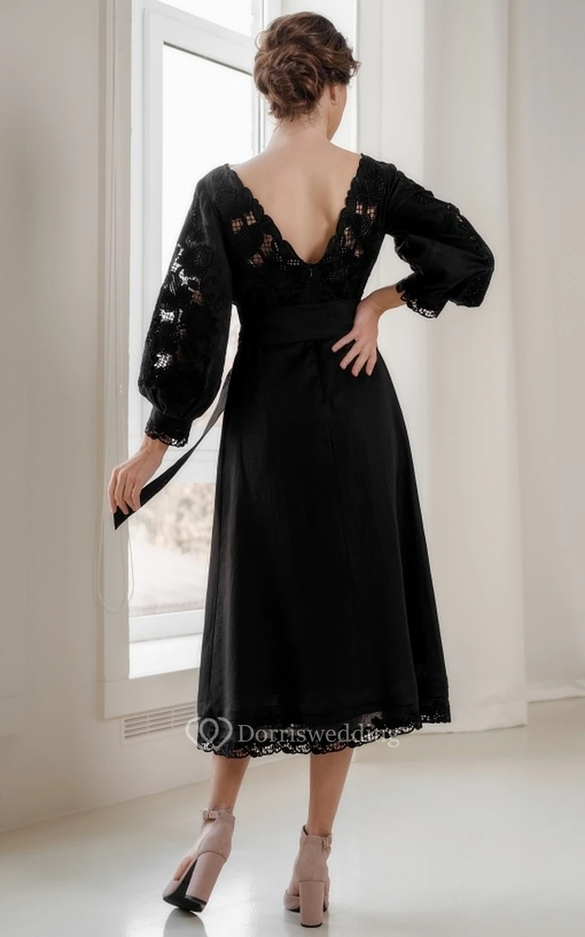 Tea-length A Line Bohemian Bateau Evening Dress with Sash view 2