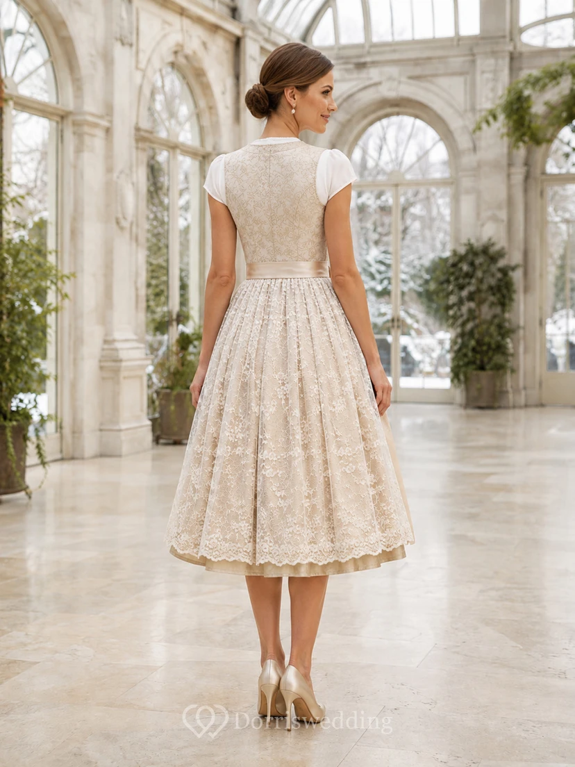 Elegant Lace Bridal Dirndl V Neck Cap Sleeve Tea Civil Wedding Dress view 2