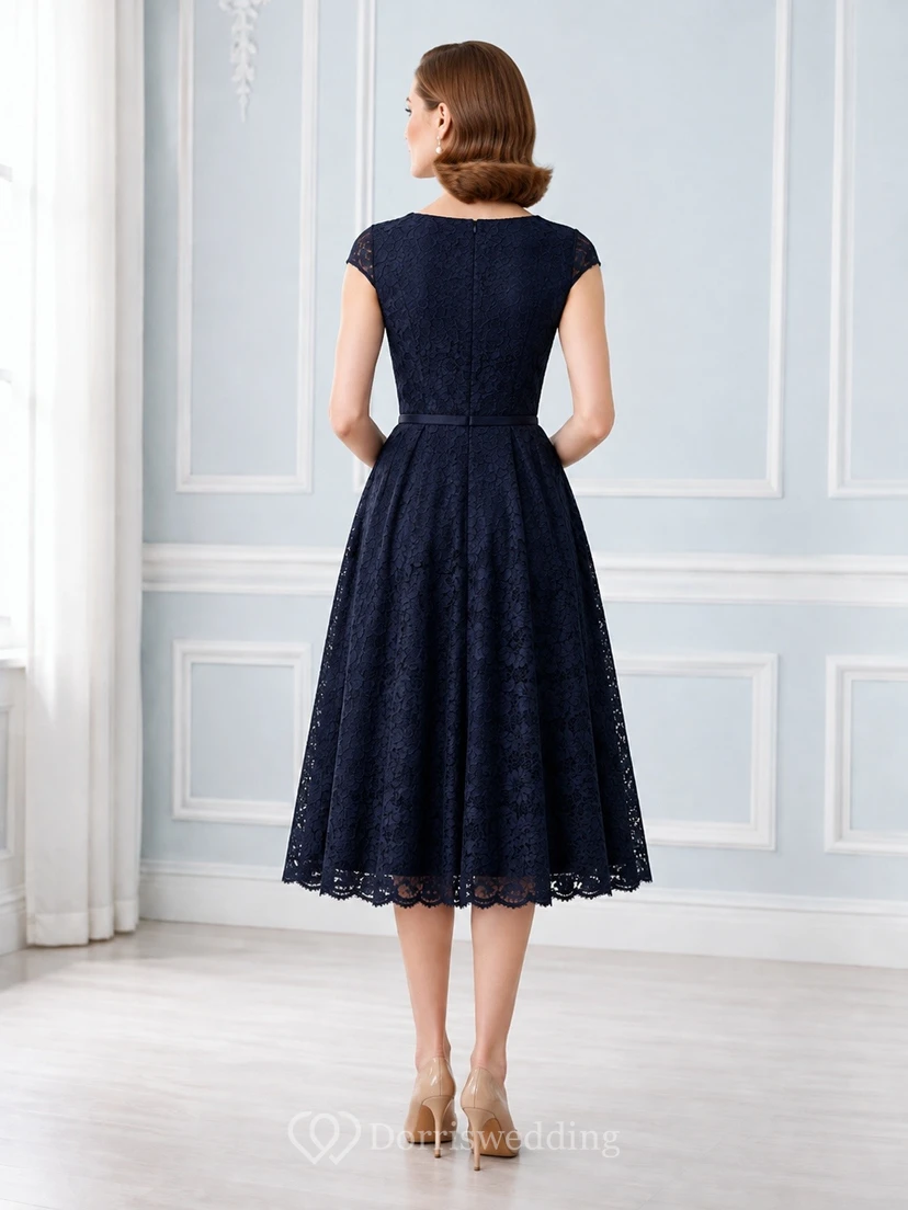 Dark Navy Jewel Neck Cap Sleeve Lace A-Line Tea-length Vintage Cocktail Dress view 2