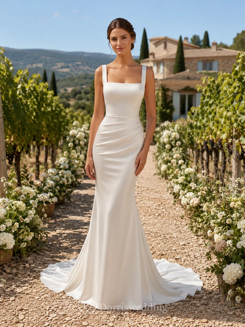 Robe de mariée sirène moderne en satin à bretelles carrées et dos boutonné, style sirène, pour une destination de mariage