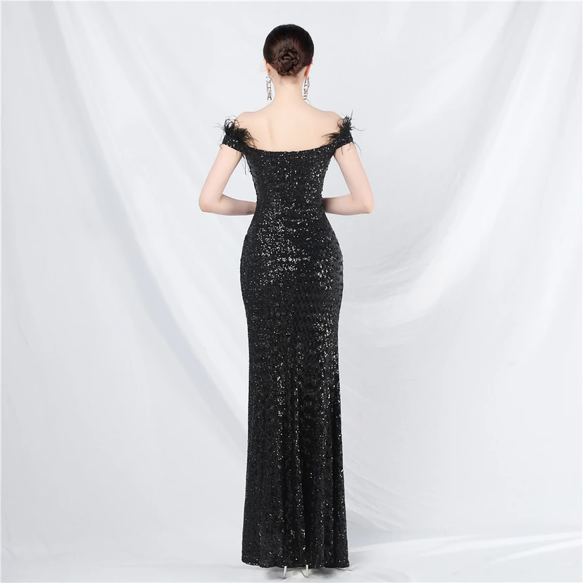 Vestido de noche de alta gama con chaleco de encaje de pelo de avestruz y diamantes, cintura de espina de pescado. view 6