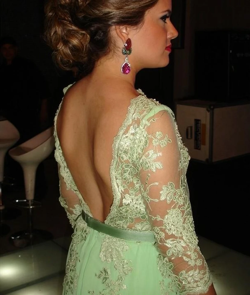 Lace Long Sleeve Open Back Dress New Arrival Gorgeous Gowns for Proms Appliques 3-4 Chiffon Evening view 2