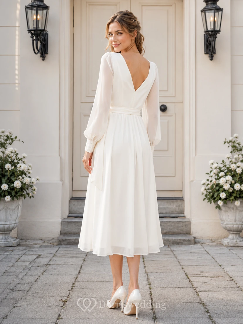 Romantic Civil Chiffon A Line Wrap V Neck Long Poet Sleeve Tea Wedding Dress view 2