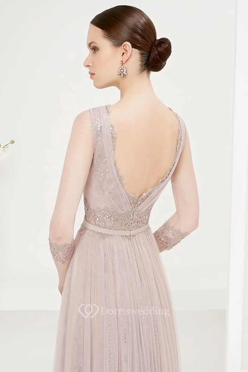 Sheath Sleeveless Beaded Floor-Length V-Neck Tulle Prom Dress view 2