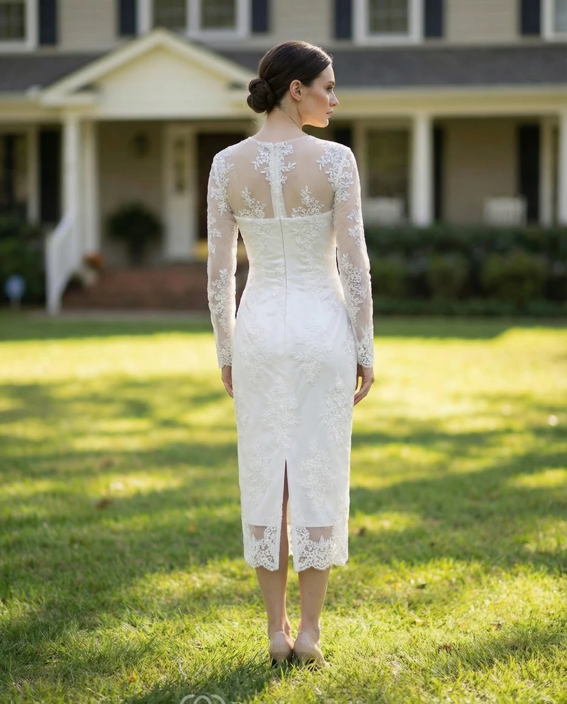 Illusion Lace Applique Short Wedding Dress view 2