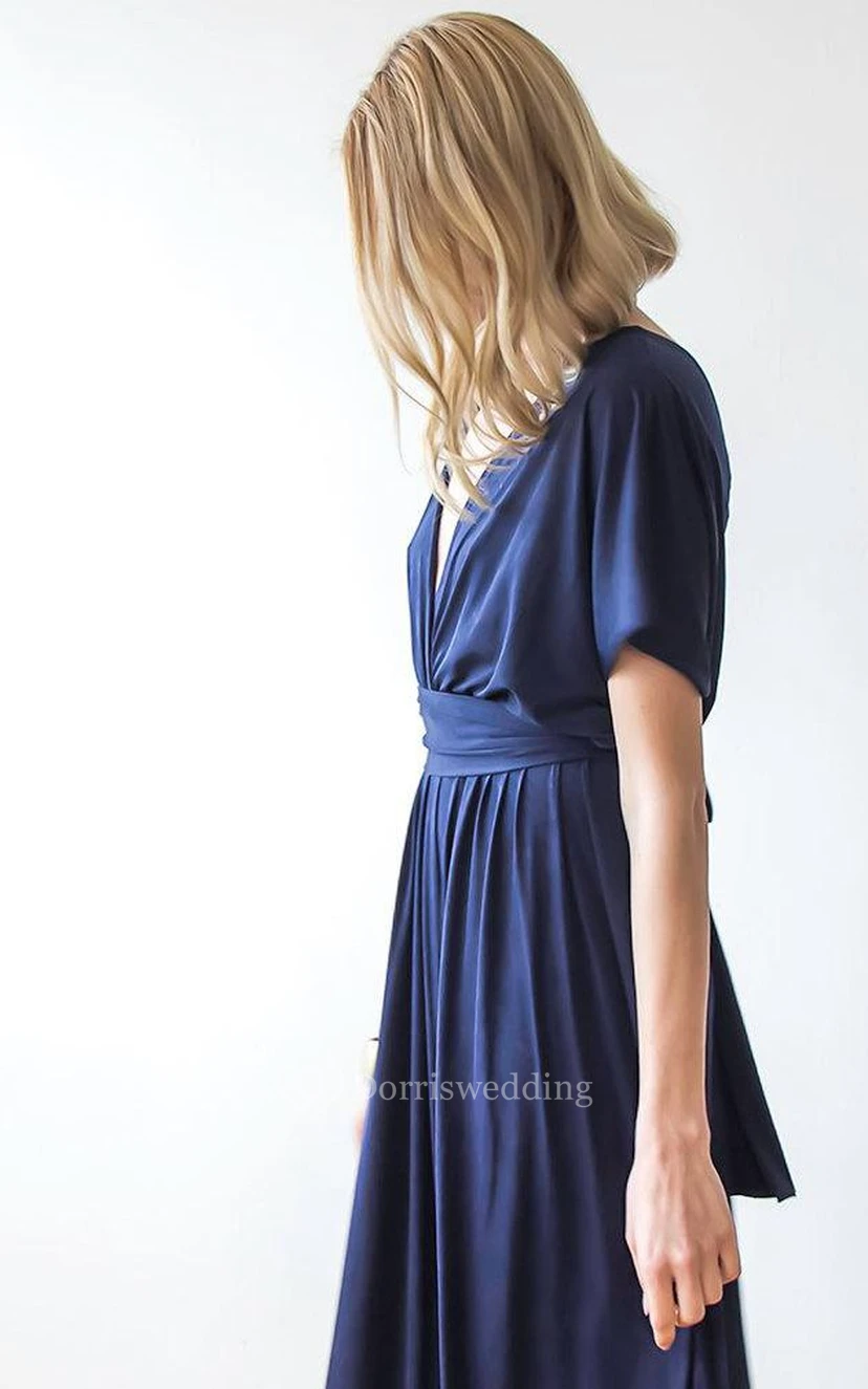 V Neck V Back Short Sleeve Pleated A-line Jersey Floor Length Dress view 2