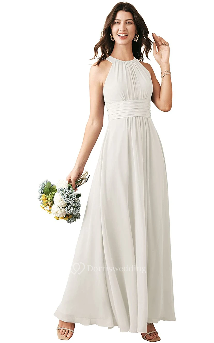Halter A Line Sleeveless Ankle-length Chiffon Bridesmaid Dress With Ruching view 4