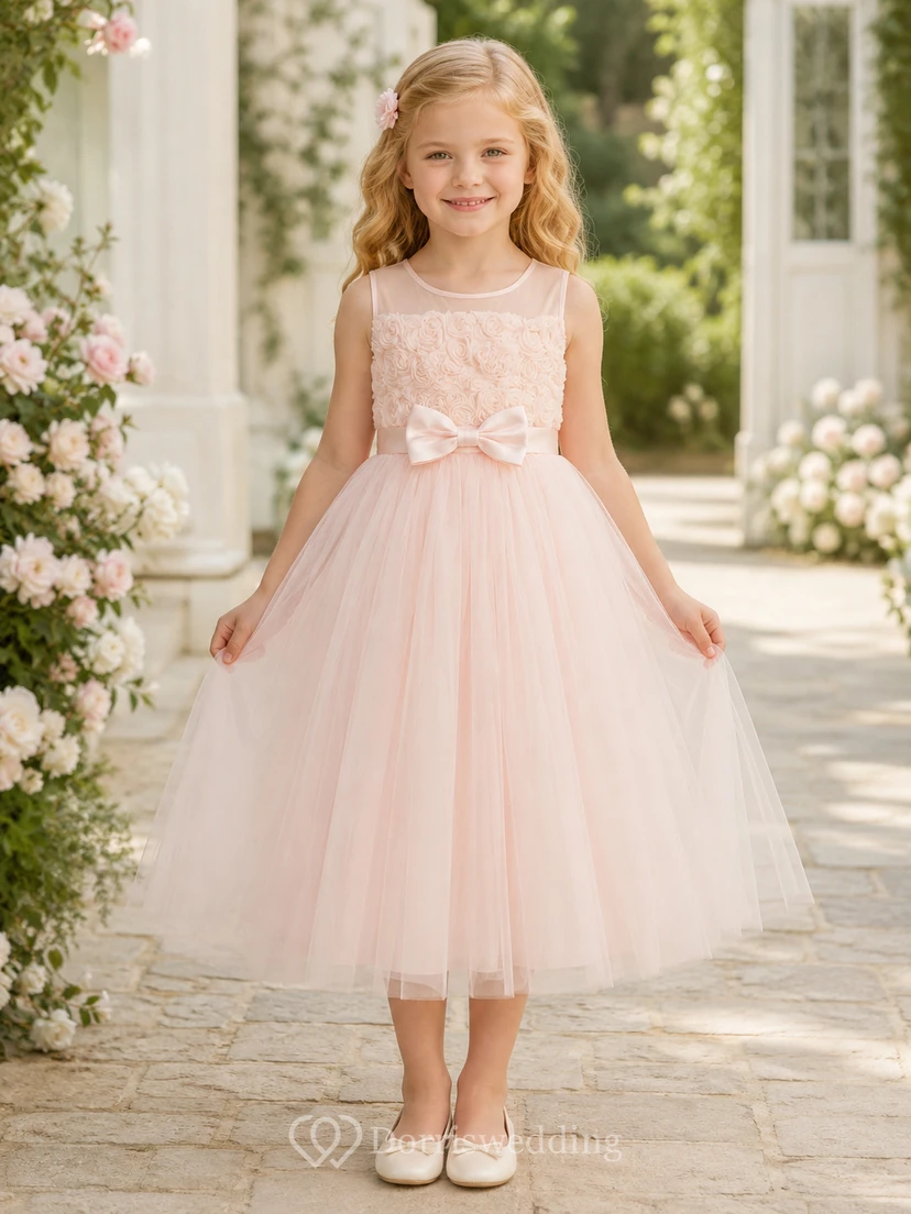 Vestido de niña de flores de tul con mangas abullonadas, corte en A, cuello joya, falda a media pierna y detalle de lazo.