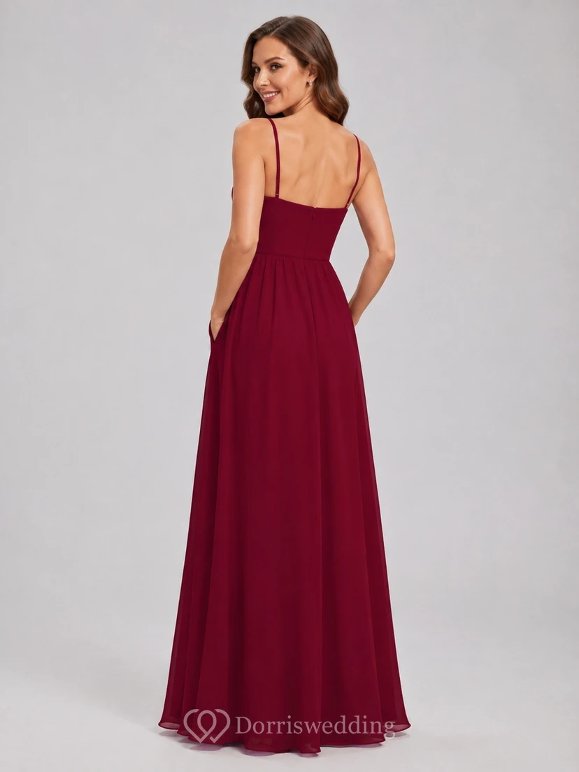 Elegantes, burgunderrotes Chiffon-Brautjungfernkleid in A-Linie mit eckigem Ausschnitt und Taschen view 2
