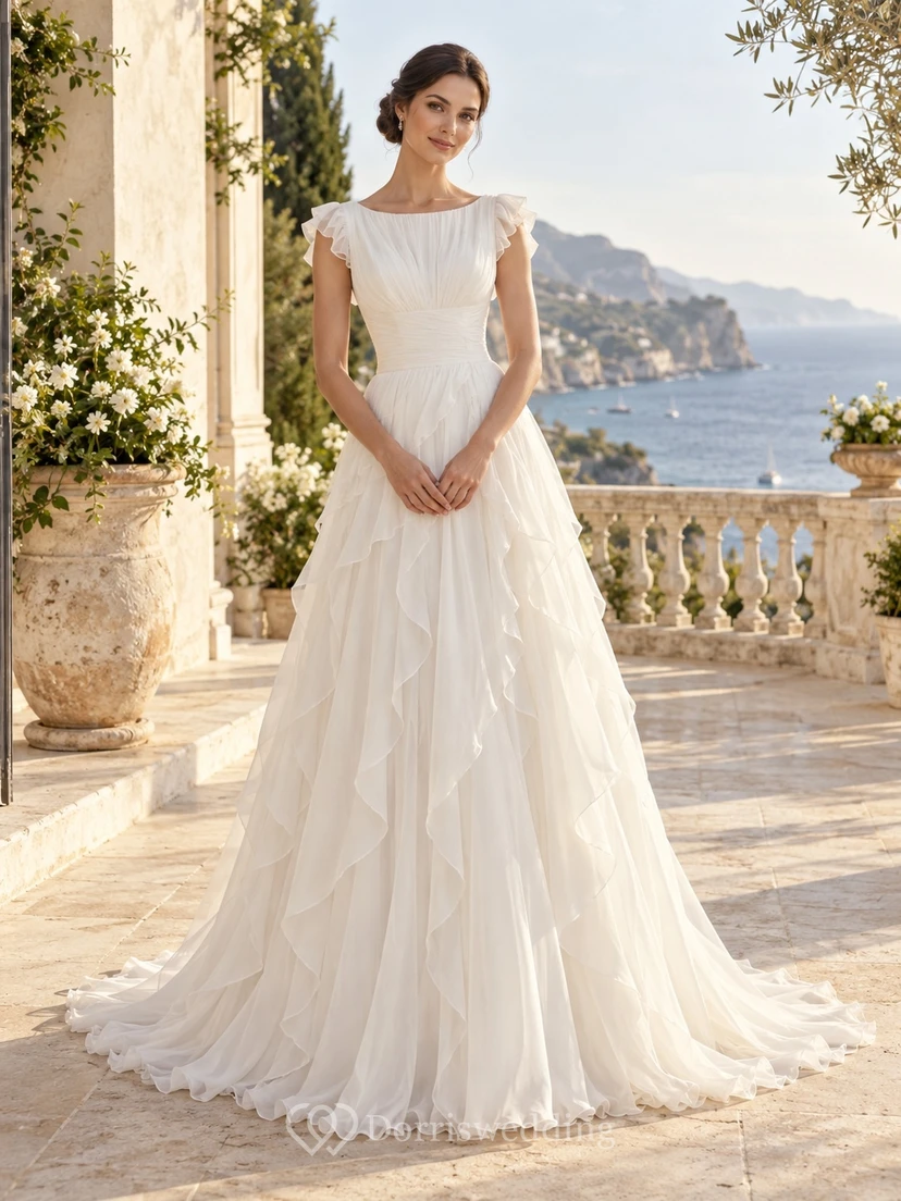 Schlichtes Brautkleid aus Chiffon mit U-Boot-Ausschnitt, kurzen Ärmeln und fließenden Rüschen in A-Linie