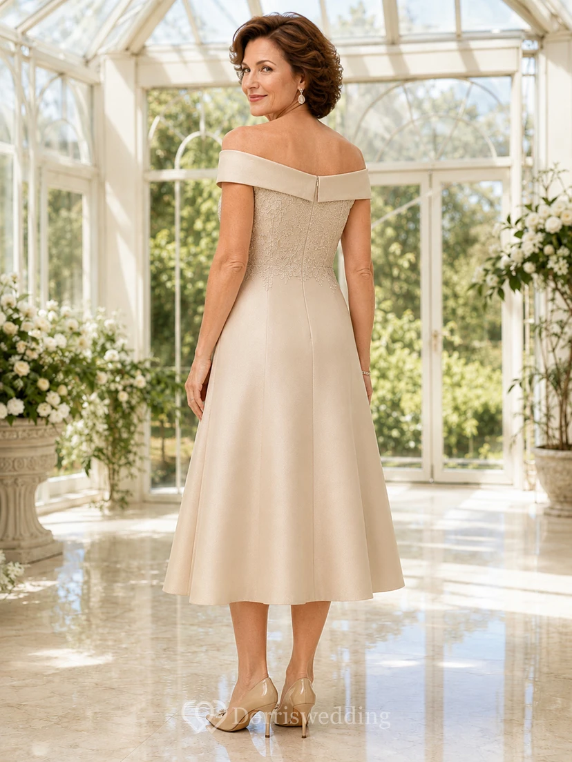 Elegantes, champagnerfarbenes Satin-Abendkleid für kleine Mütter: schulterfrei, kurze Ärmel, A-Linie, Teelänge view 2