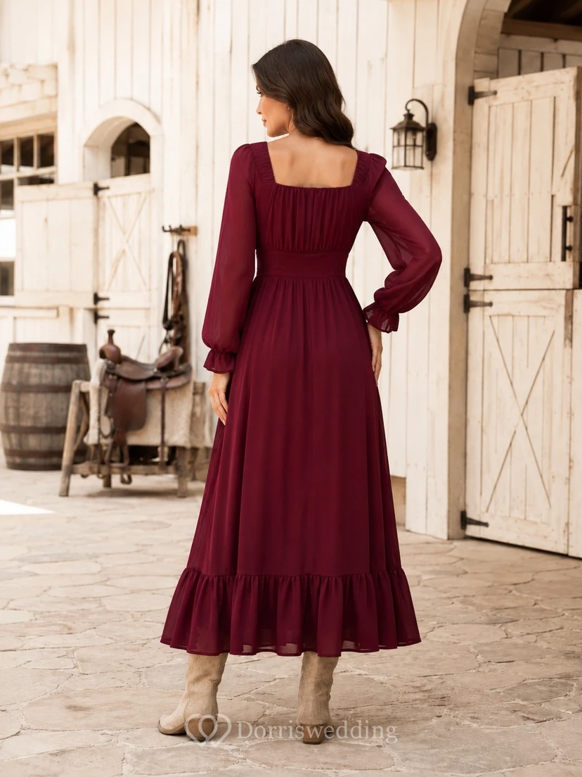 Romantic Burgundy Chiffon A-Line Ankle-Length Square Neck Long Sleeve Country Dress view 2