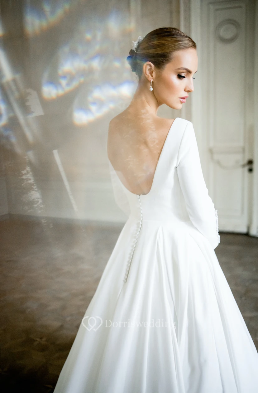 Simple Long Sleeve Satin Crepe Winter Ball Gown Wedding Dress view 3