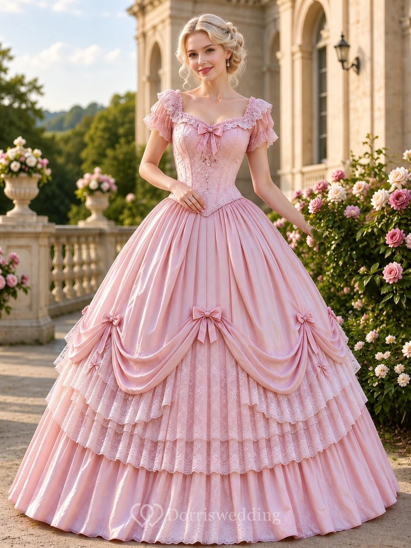 Vestido de gala victoriano color rosa empolvado con hombros descubiertos, manga corta y volantes.