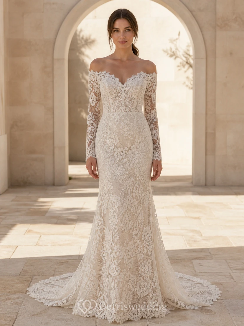 Vestido de novia romántico estilo sirena con escote Bardot y mangas largas hasta el suelo