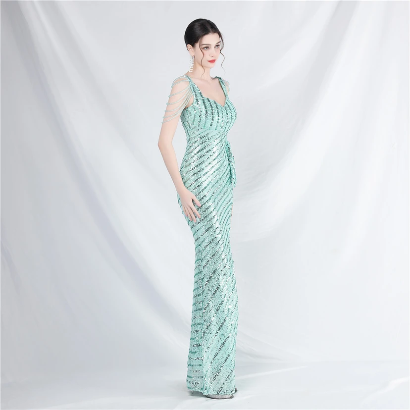 Craft Sequined Velvet Bottom Handmade Beaded Long Elegant Light Luxury Evening Dress view 13