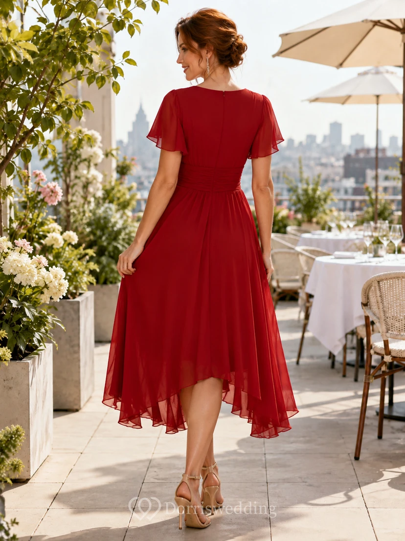 Robe d'anniversaire rouge à manches courtes en mousseline de soie, coupe asymétrique, portefeuille view 2