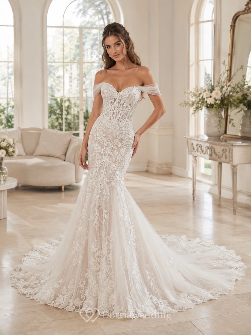 Robe de mariée courte sirène en dentelle romantique, épaules dénudées, ornée d'appliques chapelle et d'un décolleté en V raffiné avec fermeture éclair au dos