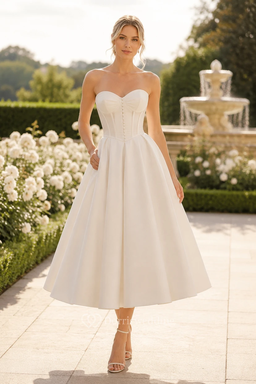 Robe de mariée bustier en satin, longueur thé, avec corsage boutonné