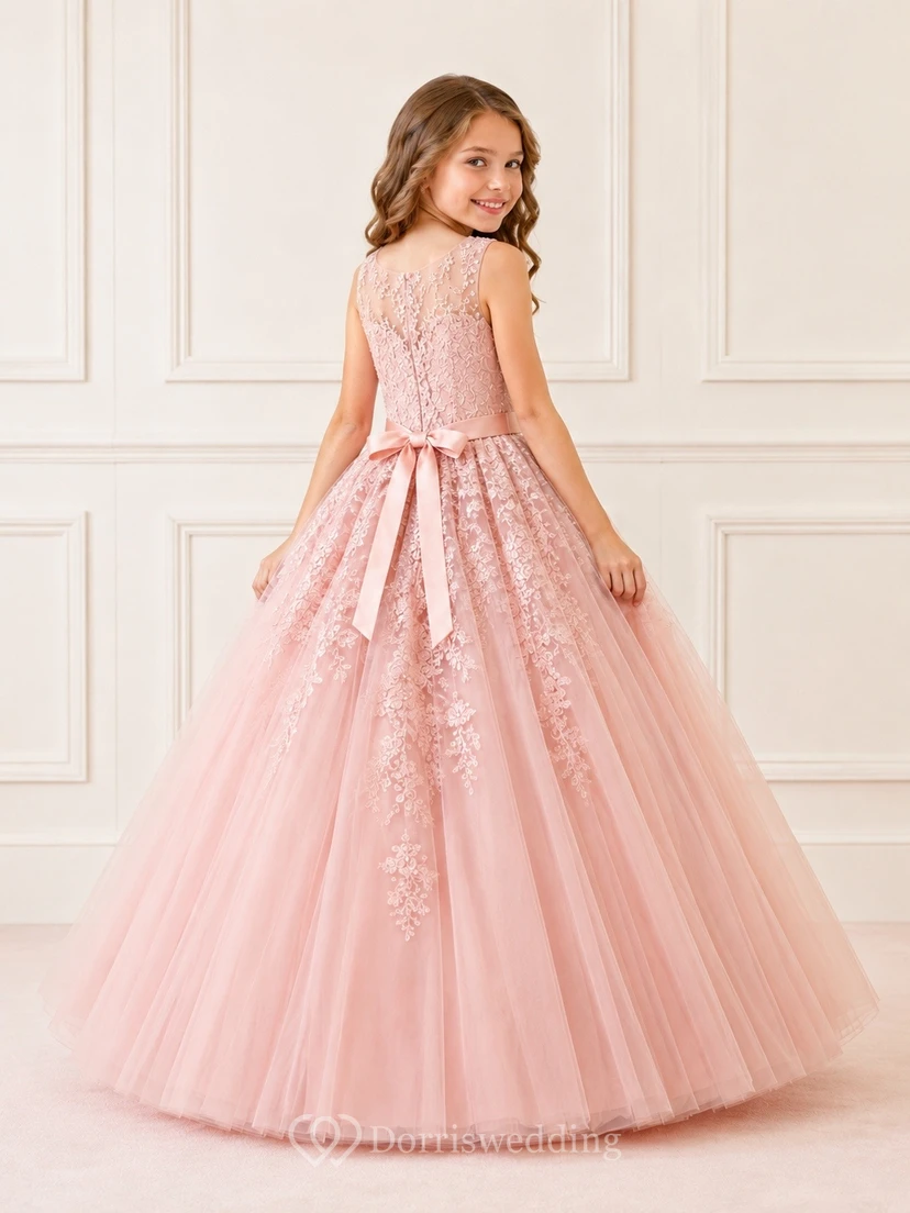 Pink Ball Gown Jewel Neck Applique Floor-Length Flowergirl Pageant Dress view 2