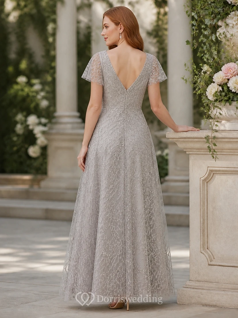 Robe de mère argentée modeste, coupe trapèze, col en V, manches papillon, dentelle, longueur au sol view 2