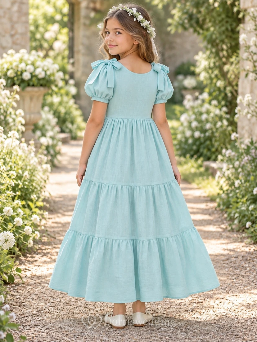 Aqua Puff Sleeve Shoulder Bow Tiered Cotton A-line Flower Girl Dress view 2