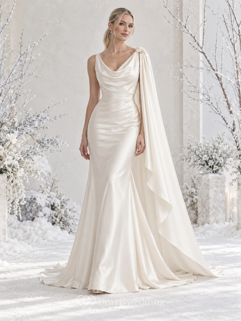 Meerjungfrauen-Hochzeitskleid mit schlichtem Winter-Wasserfallkragen, ärmellos, drapiertem Satincape