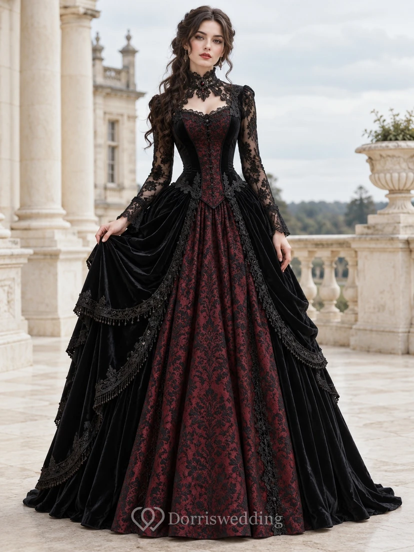 Robe gothique victorienne noire à col montant et manches longues en dentelle drapée