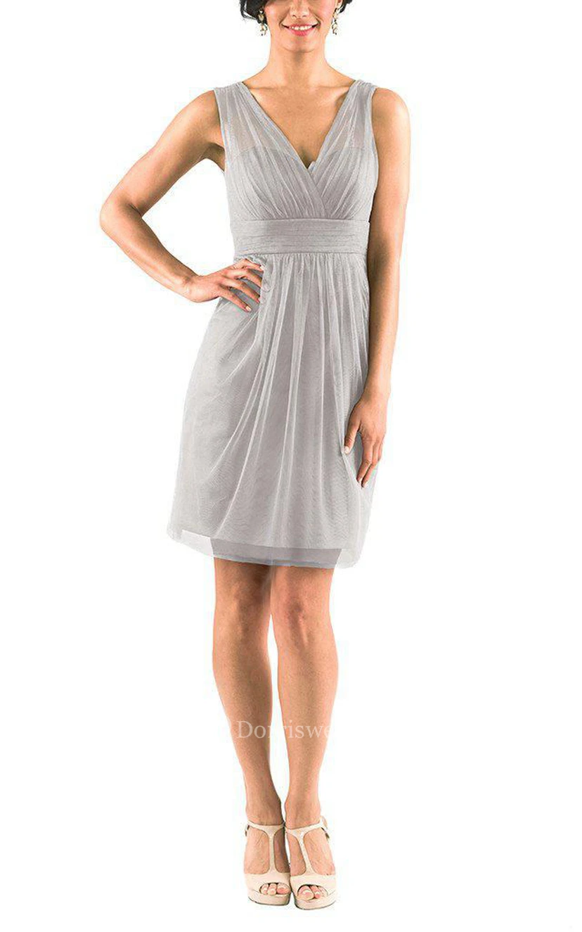 Illusion V-neck Tulle Sheath Short Bridesmaid Dress