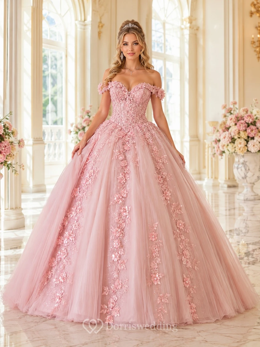 Off Shoulder Floral Tulle Ball Gown Blushing Pink Quinceanera Dress