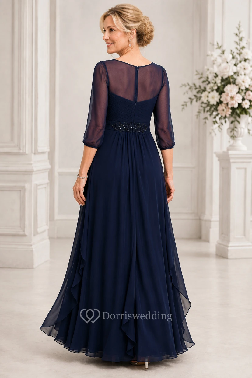 Marineblaues A-Linien-Kleid aus Illusion-Chiffon mit Perlenbesatz an der Taille view 2
