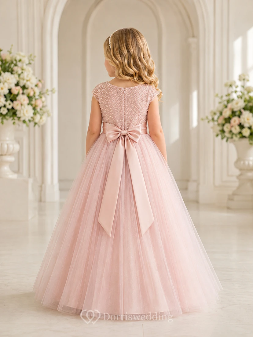 Lace Bodice Tulle Flower Girl Dress with Bow Back view 2