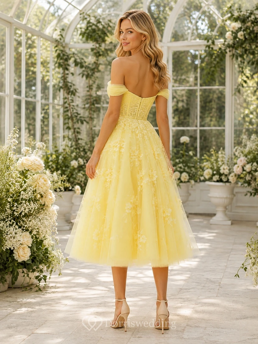 Daffodil Tulle Off-the-shoulder Short Sleeve A-Line Tea-length Floral Formal Dress view 2