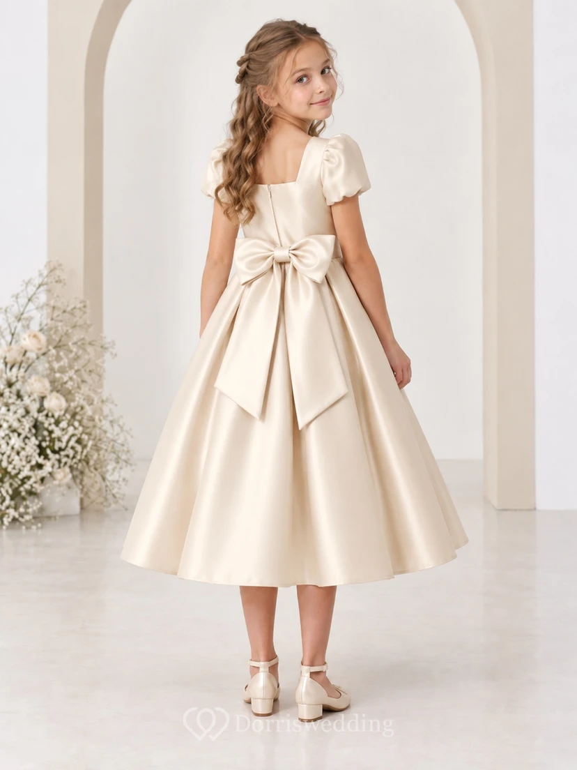 Tea-length Square-Neck Simple Ivory A-line Satin Puff-sleeve Bow-back Flower Girl Dress view 2