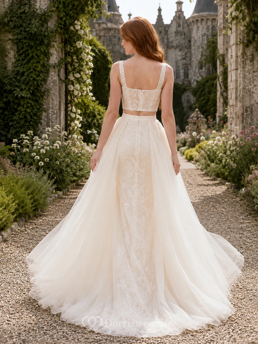 Robe deux pièces en dentelle, courte et en tulle, avec surjupe, style jardin de château view 2