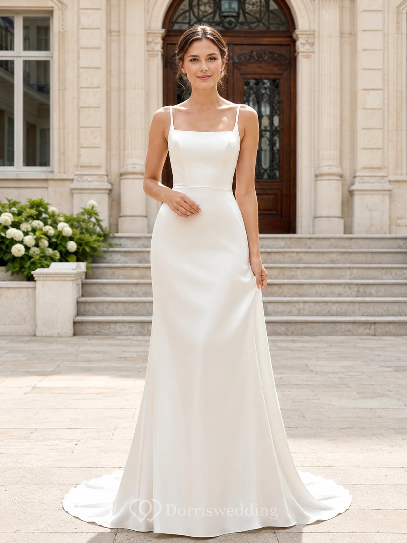 Square Neck Spaghetti Strap Satin Minimalist Civil Bridal Gown