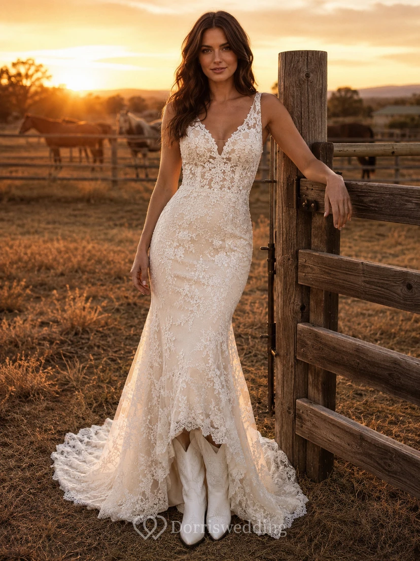 Plunging V Neck Lace Mermaid Ranch Bridal Gown