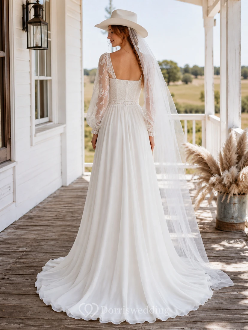 Robe de mariée champêtre en mousseline et dentelle, coupe trapèze, col carré, manches longues et traîne chapelle view 2