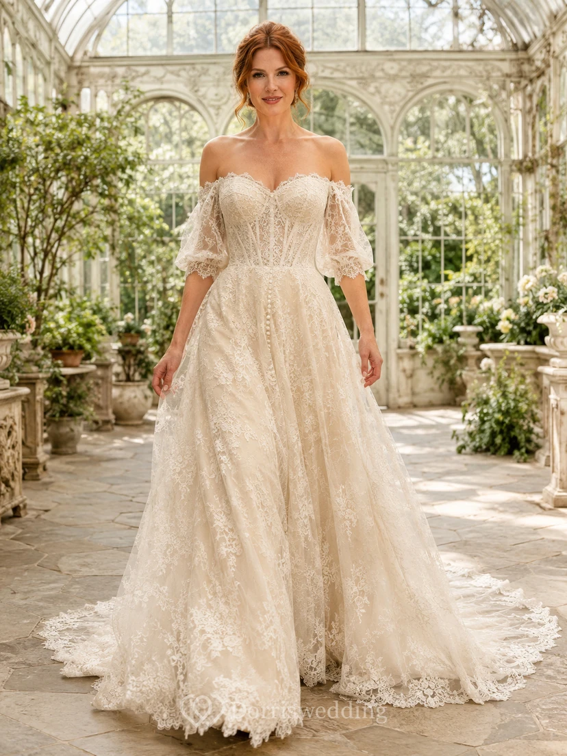 Bohemian Off Shoulder Sweetheart Lace Bell Sleeve A-Line Sweep Train Wedding Dress