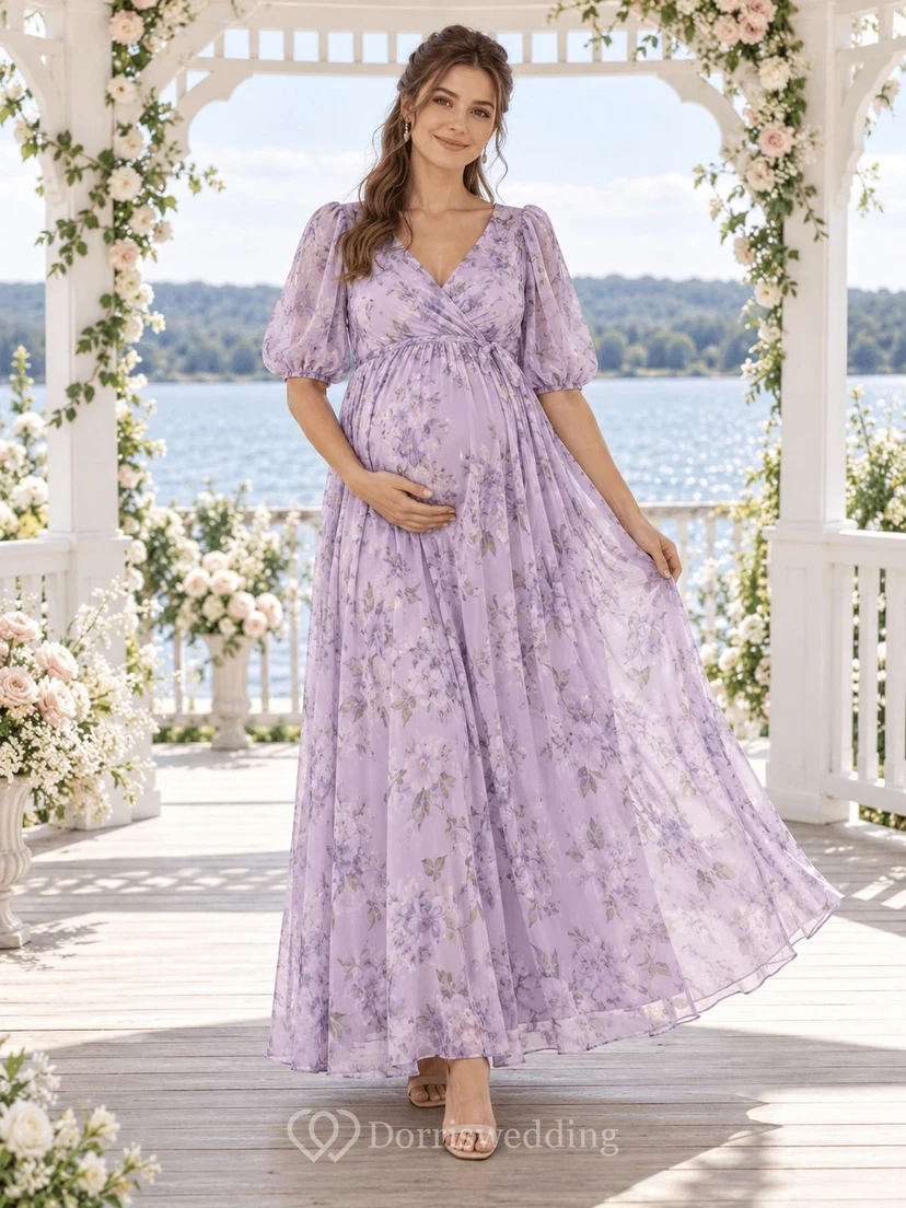 Vestido de maternidad de gasa estampada con estampado floral lavanda, mangas abullonadas, escote en V y largo hasta los tobillos con fajín, ideal para invitadas.