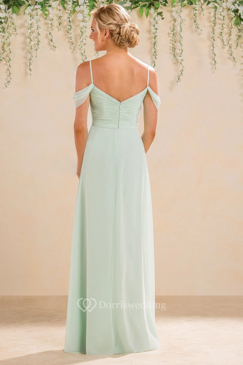Off-Shoulder A-Line Floor-Length Bridesmaid Dress With Ruches And V-Back view 2