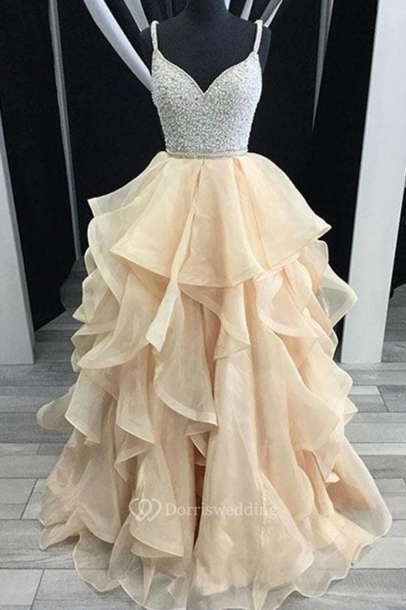 Ball Gown Organza Sequins Spaghetti Sleeveless Straps Dress