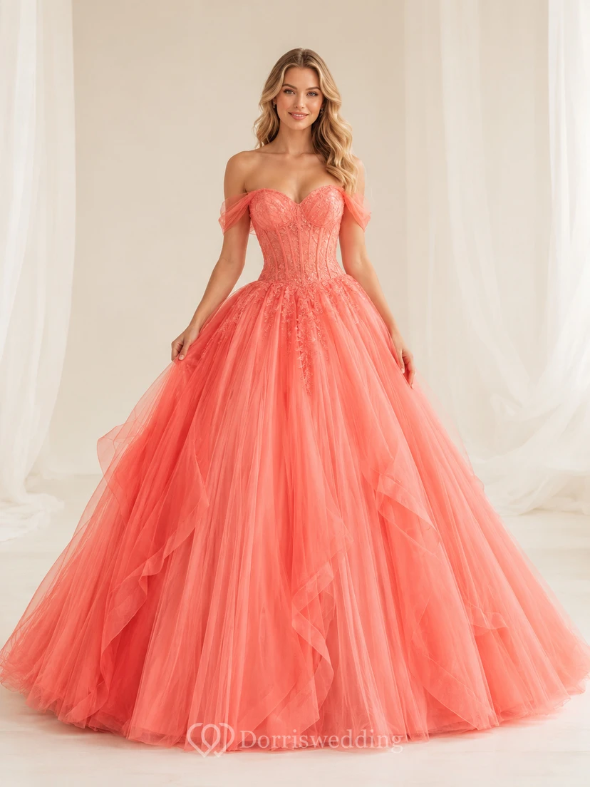 Coral Off-Shoulder Sweetheart Tulle Ball Gown Quinceanera Dress Reception Romantic
