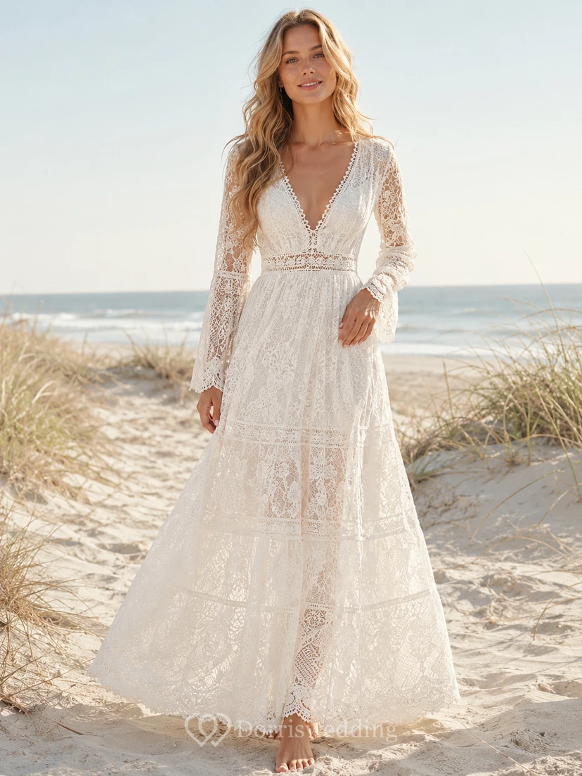 Vestido de novia bohemio romántico de corte A, largo hasta el suelo, con escote en V y mangas largas, de encaje completo, estilo bohemio, ideal para bodas en la playa.