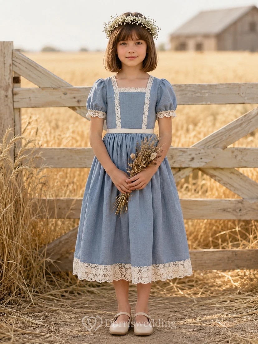 Robe champêtre vintage mi-longue en taffetas bleu acier, dentelle, manches bouffantes, col carré, coupe trapèze, style demoiselle d'honneur