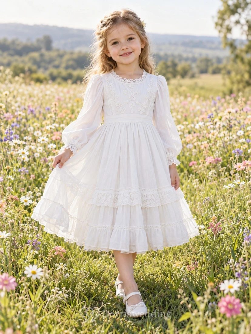 Victorian White Jewel Neck Long Sleeve Tiered Flower Girl Dress