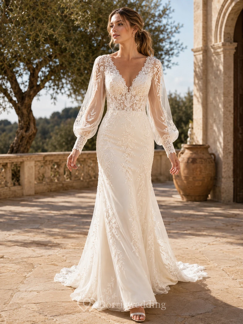 Robe de mariée sirène bohème romantique à manches longues et décolleté en V plongeant en dentelle avec traîne courte