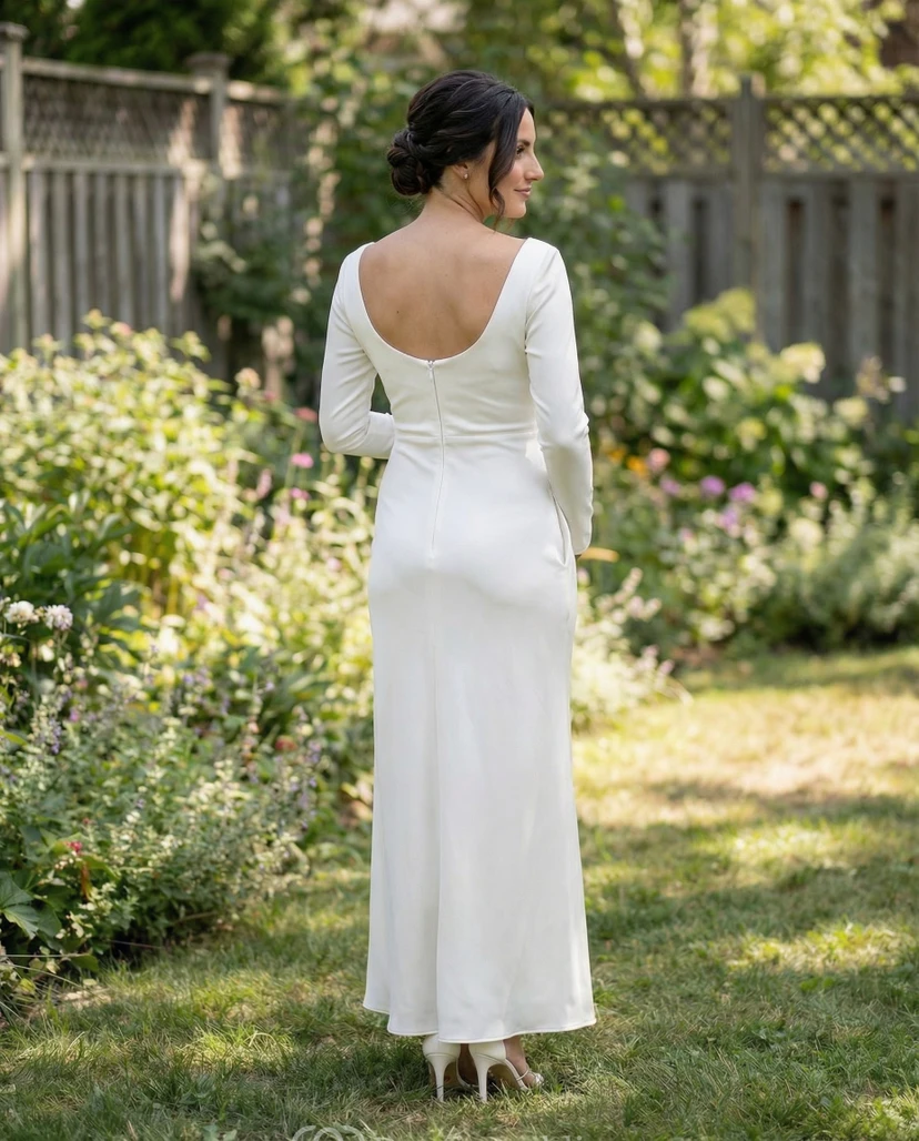 White Long Sleeve Stretch Maternity Wedding Dress with Scoop Neck view 2