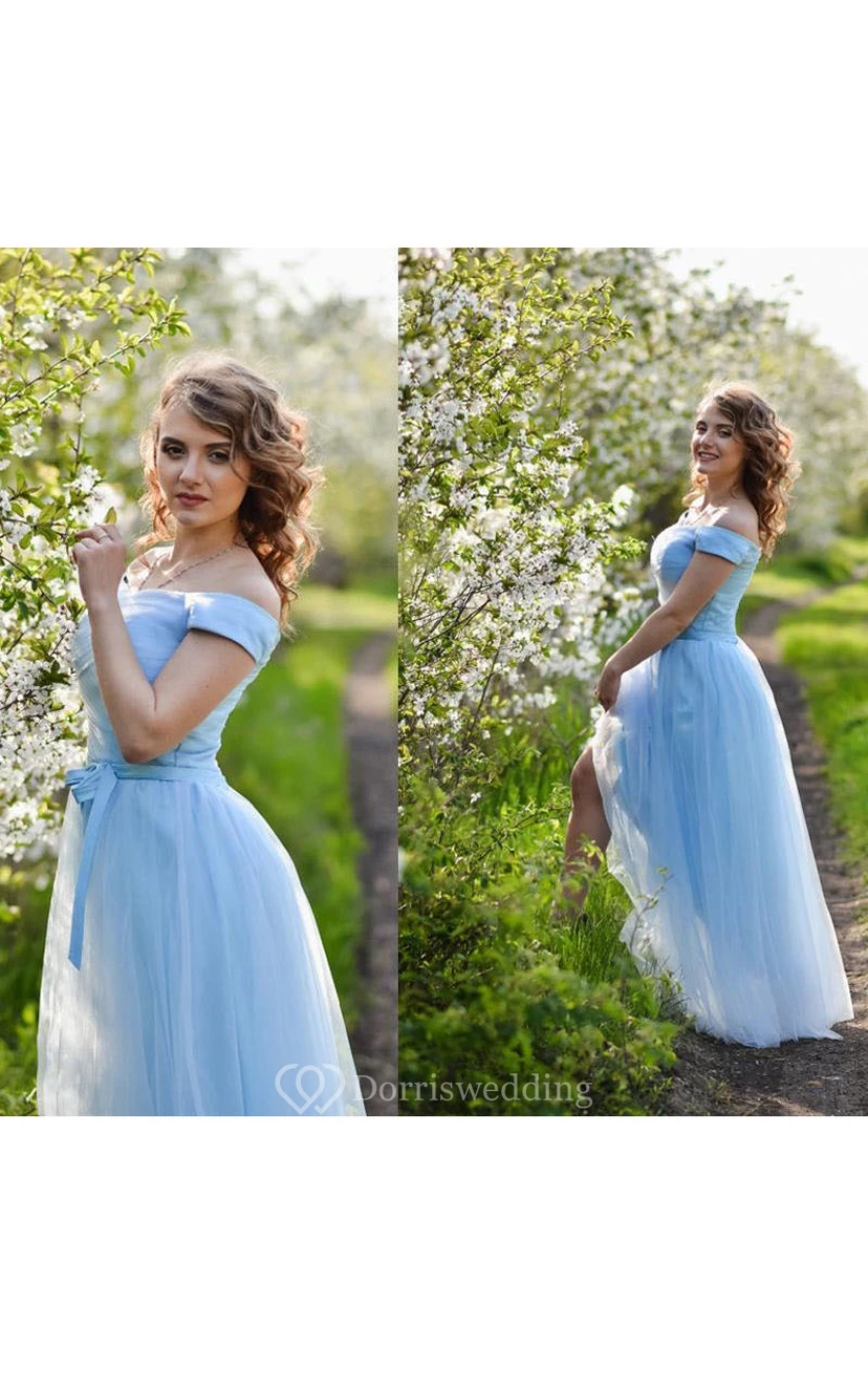 A-line Off-the-shoulder Floor-length Pleats Tulle Dress view 3